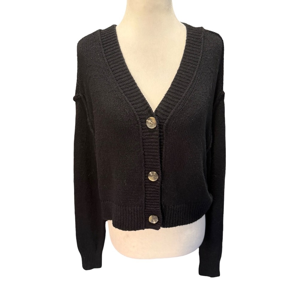 Abound Womens Black Cropped V-Neck Button Front Cardigan Sweater XXS NEW